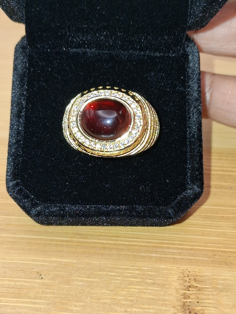 Gold-Tone Red Cabochon Cocktail Ring
